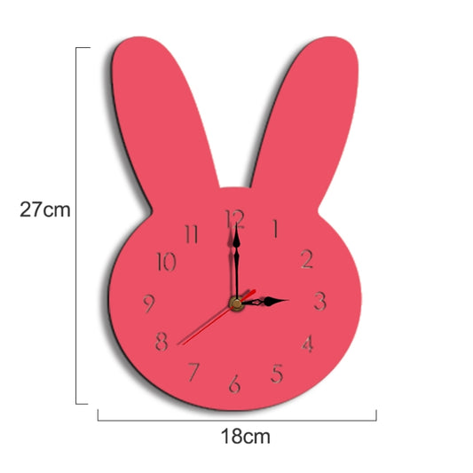 Pink rabbit wall clock with black hands, red numerals, 18cm wide and 27cm tall