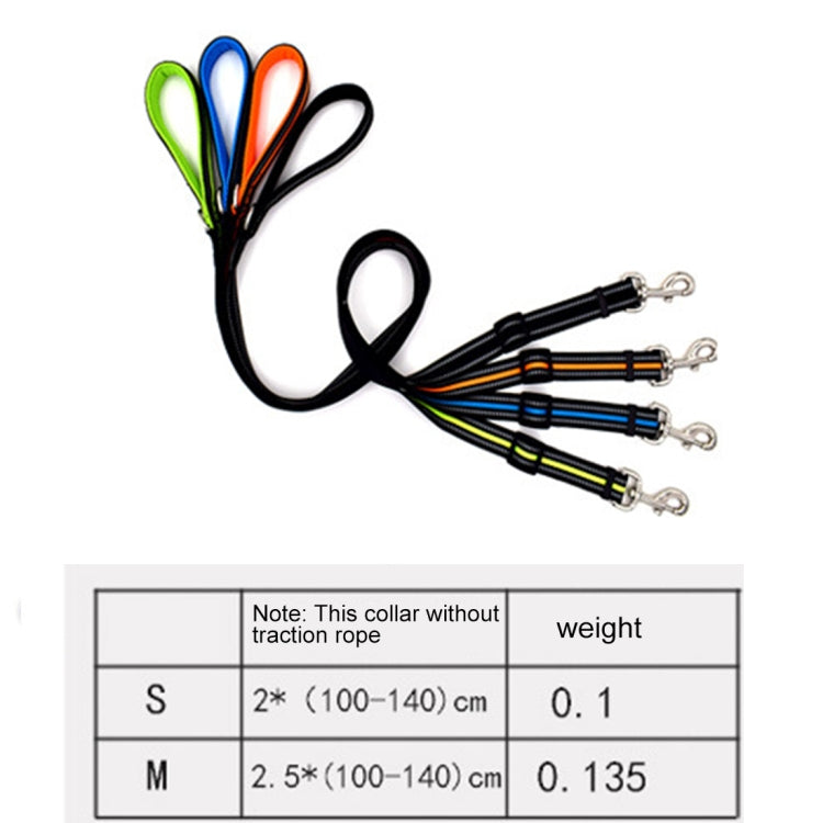Set of reflective pet leashes in multiple colors; size chart shows M adjustable range.