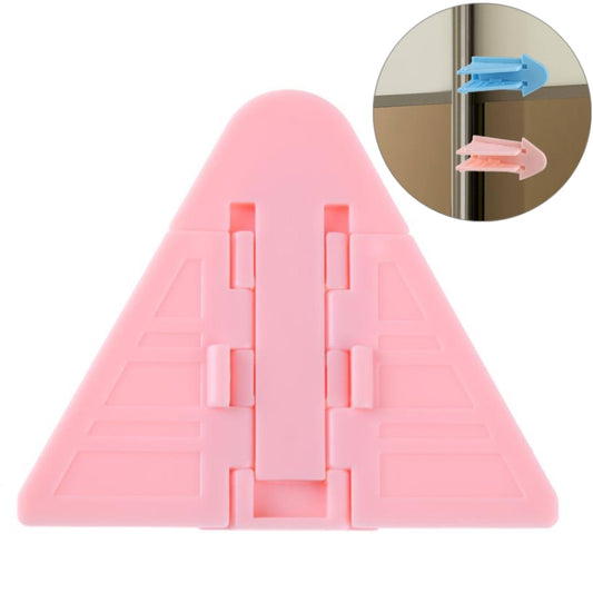 Pink triangular sliding window safety lock with side tabs and adhesive backing.