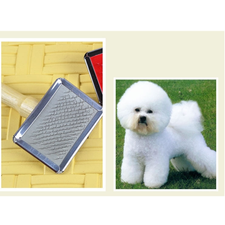 Pet grooming brush with textured metal bristle pad and wood handle