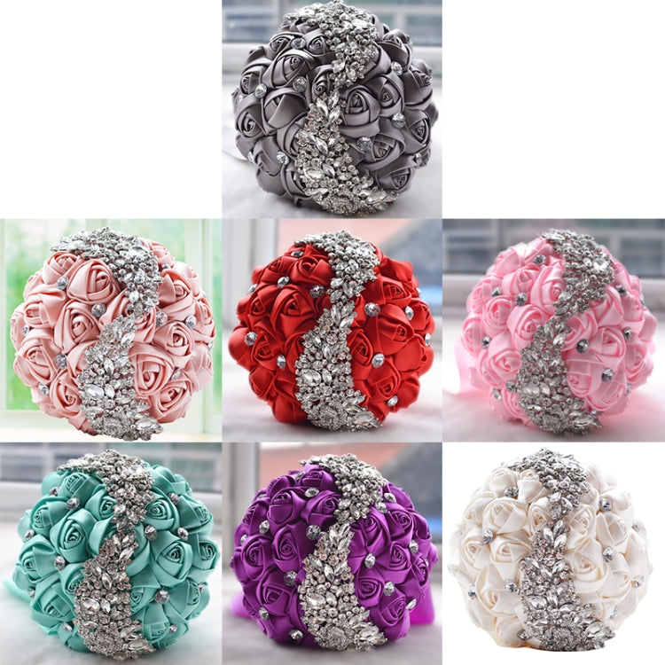 Multicolor satin rose bouquets with silver rhinestone accents shown in a product grid