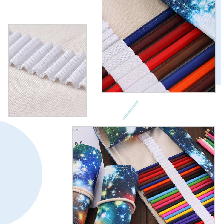 Roll-up galaxy pencil case close-up of white elastic pen slots and stitched pocket