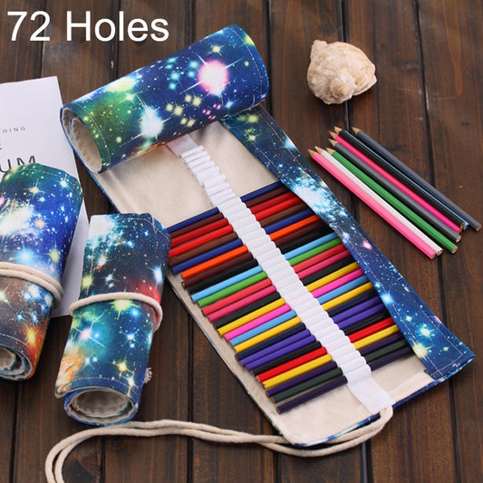 72 Slots Cosmic Galaxy Print Pen Bag Canvas Pencil Wrap Curtain Roll Up Pencil Case Stationery Pouch, 72 Slots