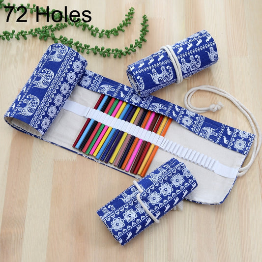 Blue canvas 72-slot pencil wrap with drawstring, rolled fabric case and color pencils inside
