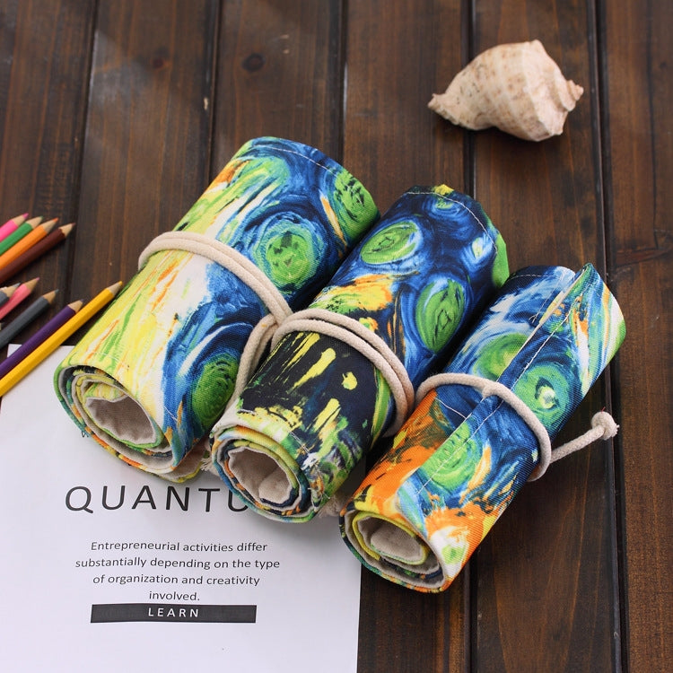 Rolled canvas 72-slot pencil case with blue-green paint sleeves and cord ties