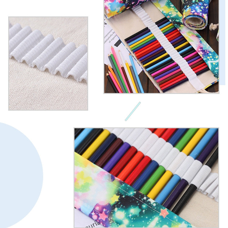 Canvas pencil wrap detail showing elastic slots with colorful pens