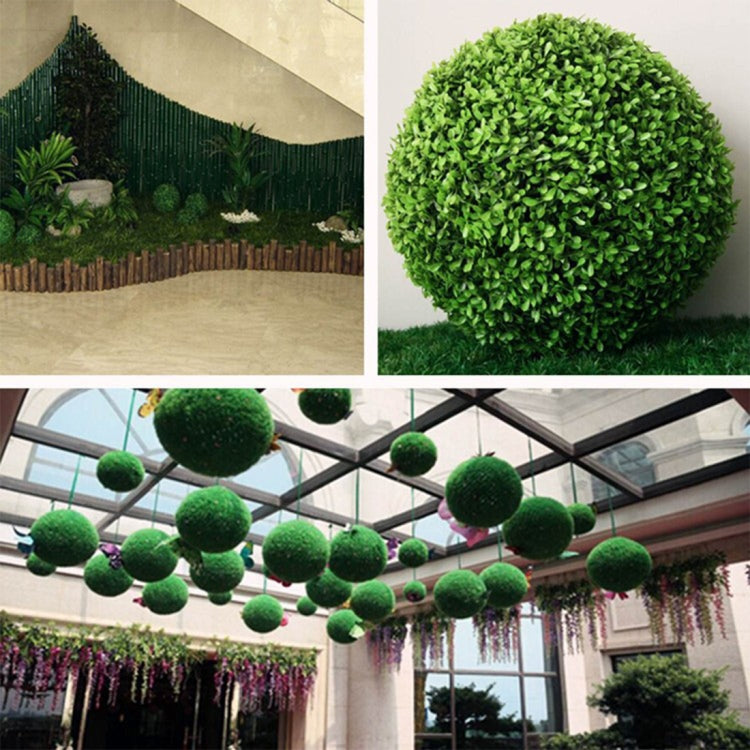 Hanging artificial green topiary ball ornaments with dense faux foliage