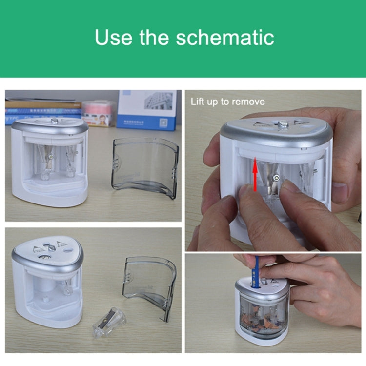 Step-by-step diagram showing how to lift the lid and insert a pencil into the sharpener
