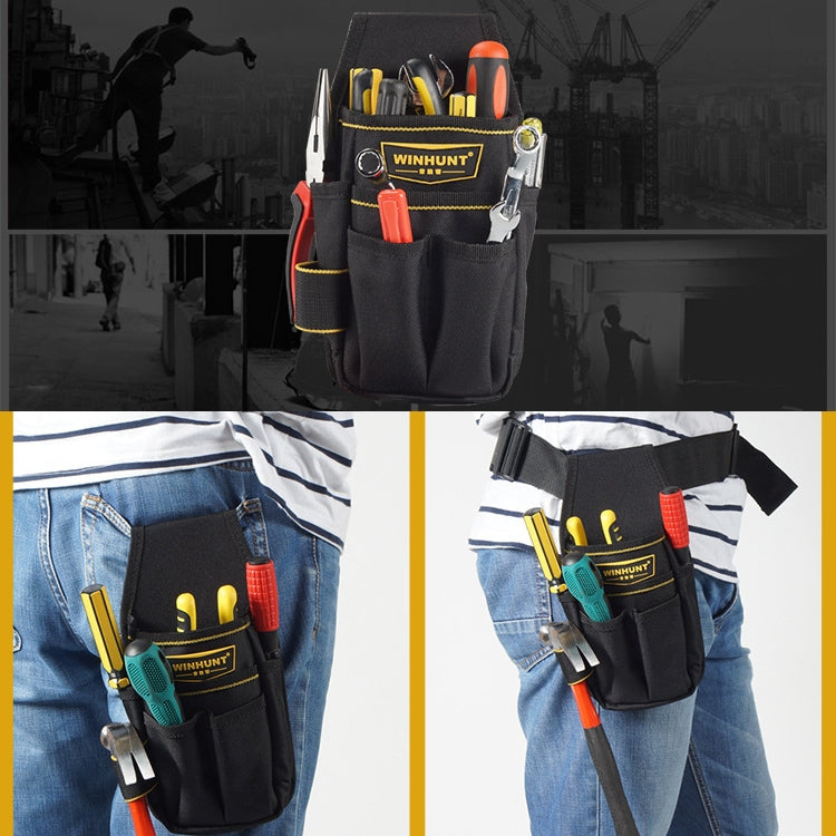 Black electrician belt pouch worn on jeans with WINHUNT logo and hanging tools