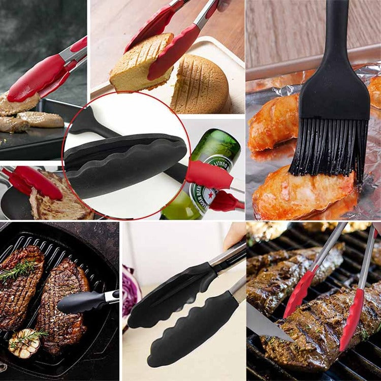 Red and black silicone non-slip BBQ clip tongs with metal jaws, grippy end pads
