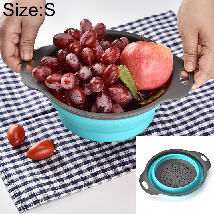 Collapsible drain basket with teal rim and grey sides, perforated insert and handles