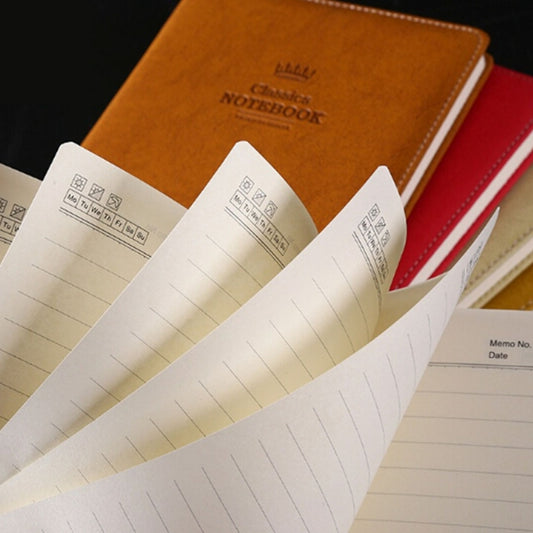 Brown leather notebook open to lined pages with printed check boxes and entry areas.