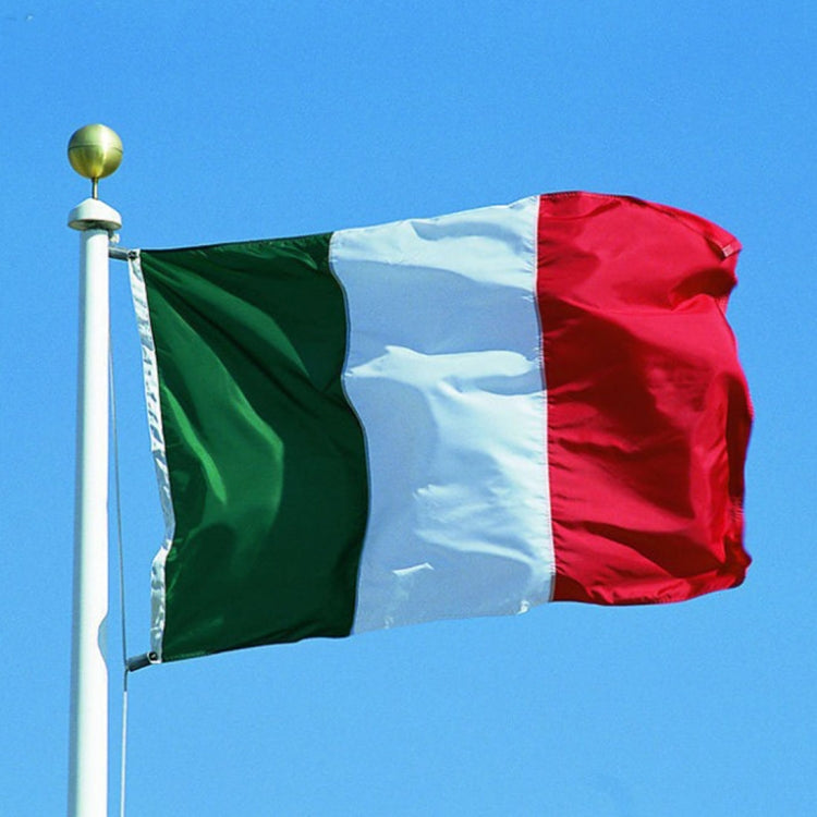 Italian flag polyester banner waving on outdoor pole, red-white-green vertical stripes