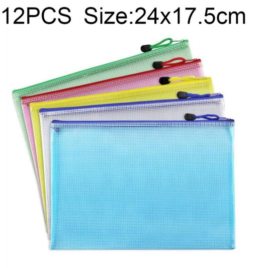 12 PCS Zipper Plastic Mesh Stationery Bag, Random Color Delivery (A5, Size: 24x17.5cm), A5, Size: 24x17.5cm