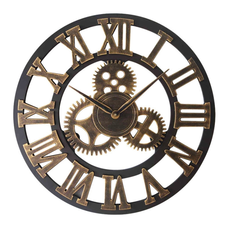Round black wall clock with gold Roman numerals and exposed gear-style center