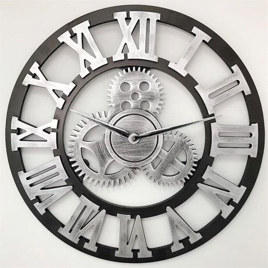 Retro Wooden Round Single-sided Gear Clock Rome Number Wall Clock, Diameter: 30cm, Rome Number 30cm