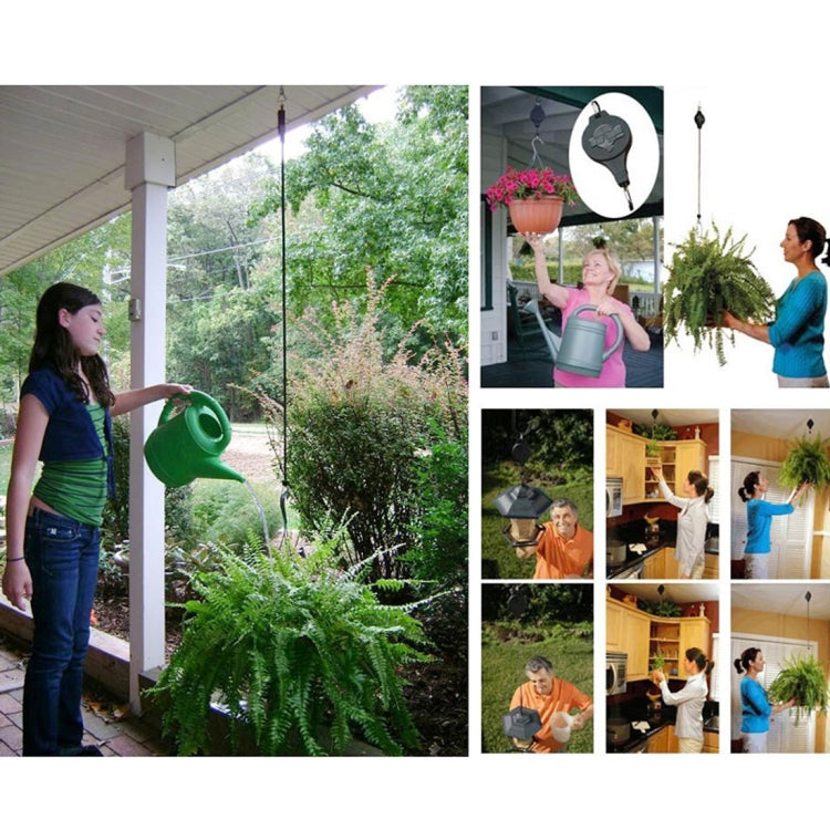 Adjustable pulley hook system for suspending planters with chain and swivel
