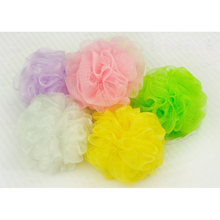 Set of 5 flower-shaped mesh bath scrub sponges in white, yellow, green, pink, and lavender