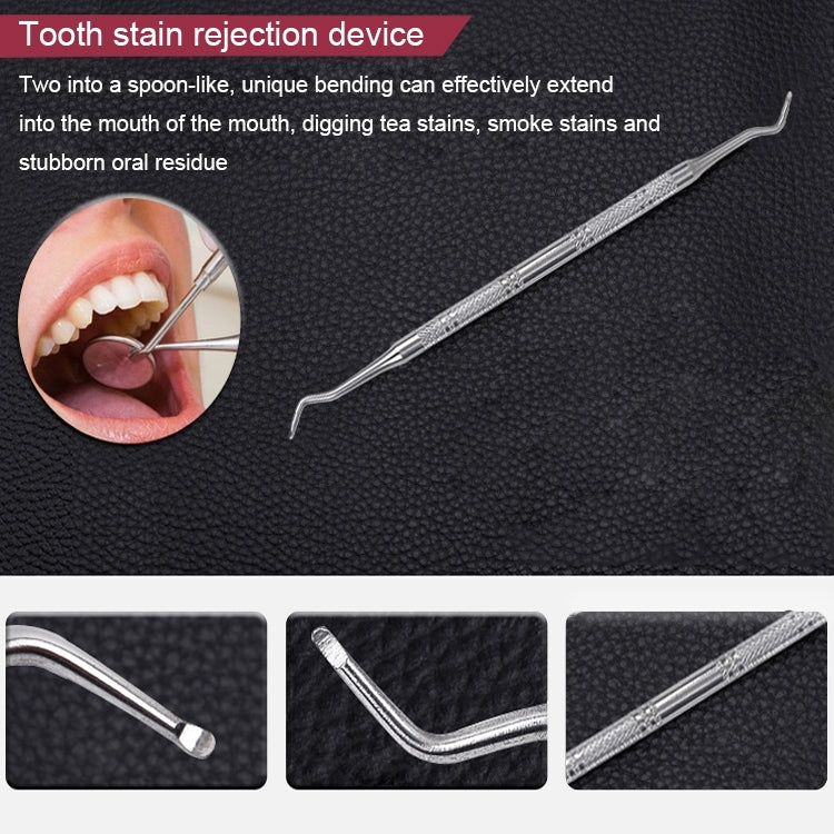 Stainless steel tooth stain rejection device with spoon-like bent working end
