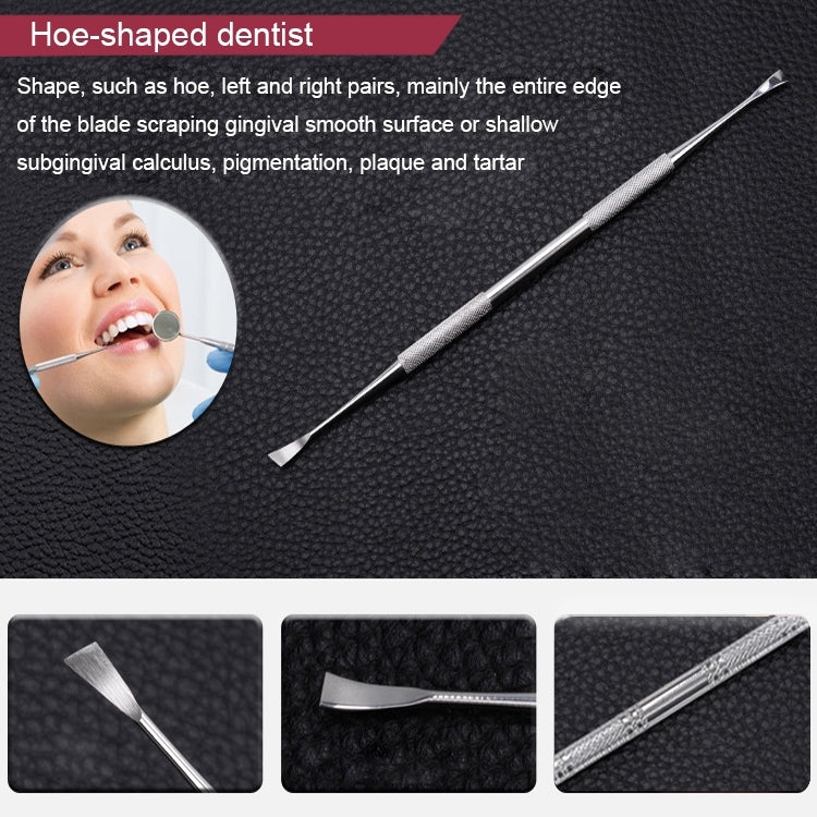 Hoe-shaped dental scraper tool with flat edge on a slender handle