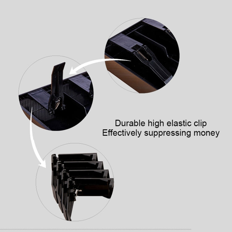 Black cash drawer insert tray with elastic clip system and molded money compartments