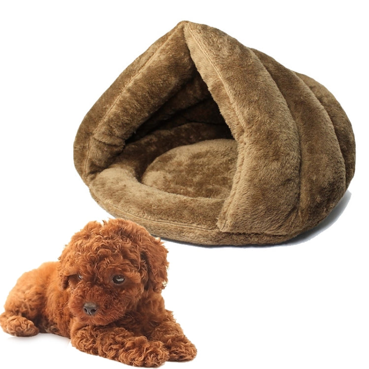 Beige-brown triangular plush pet bed with thick warm lining and open entrance
