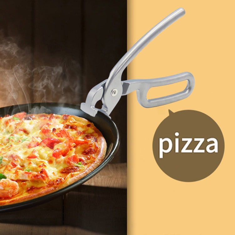 Stainless steel pan holder clip gripping a pizza pan with food