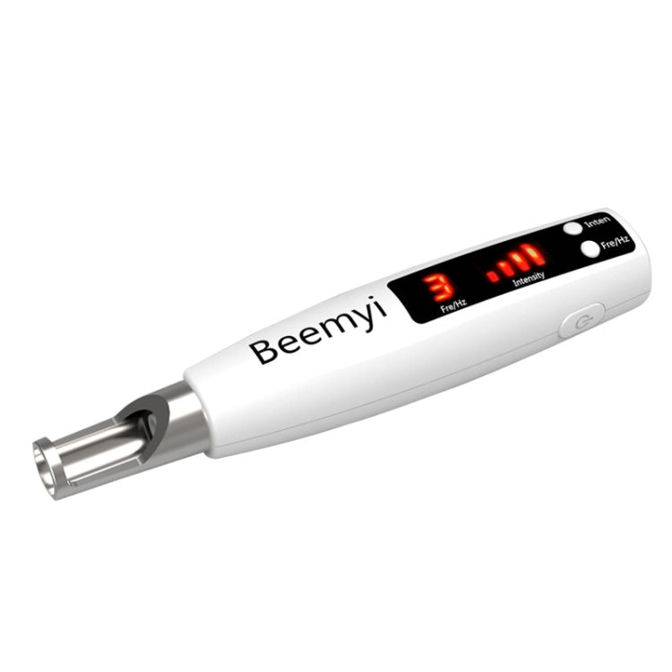 Handheld white laser beauty pen with red indicator display and metal nozzle