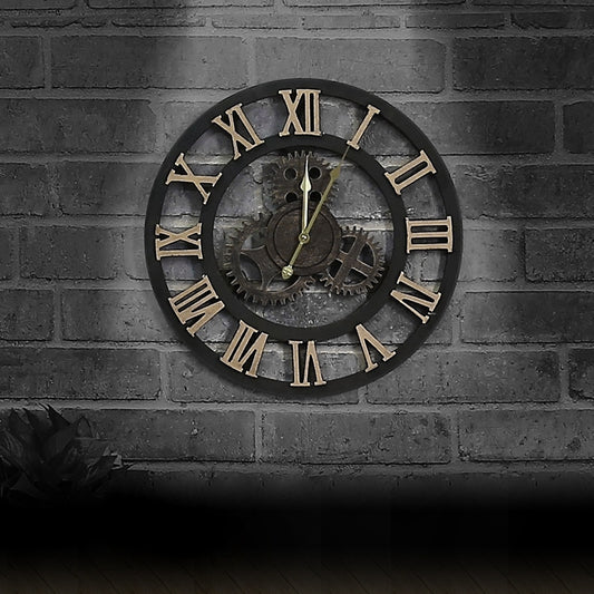 Originality American Industrial Style Wood Vintage Old Gear Wall Clock, Diameter: 50cm, Rome Number 50cm, Rome Number 50cm
