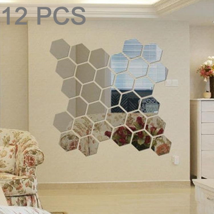 3D hexagonal mirror wall stickers set with metallic gray and dark hexagons, 12 pieces