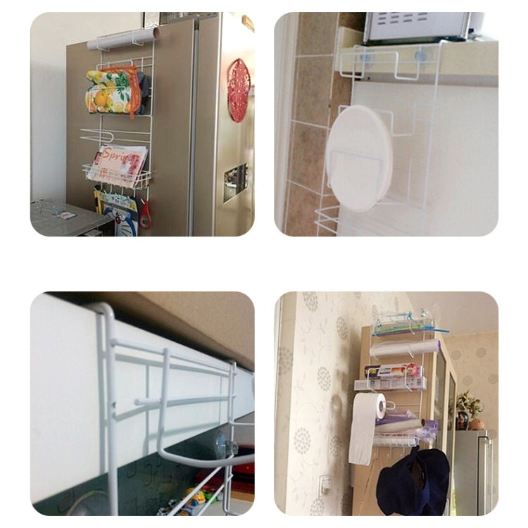 Multi-use white rack organizer shown on doors with shelves, hooks, and roll holders