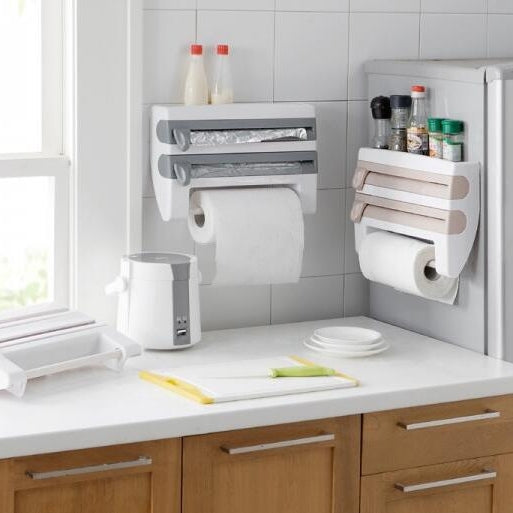 Kitchen Wall Mounted Cling Film Holder Wrap Storage Rack Hanger Rack Cutting Device, Size: 39 x 10 x 24cm, Grey, Khaki