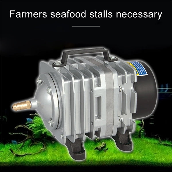 Silver air pump compressor with four rubber feet for oxygenation in aquariums