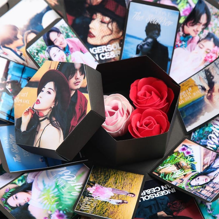 Blooming hexagon photo box with pink and red paper roses inside