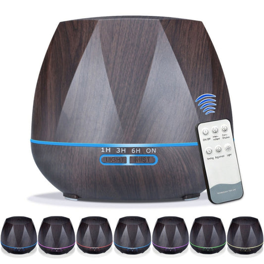 Dark wood-grain ultrasonic humidifier with blue LED ring and included remote control.