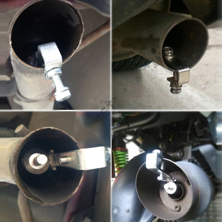 Exhaust pipe whistle attachment showing nozzle and clamp, installed on exhaust pipe