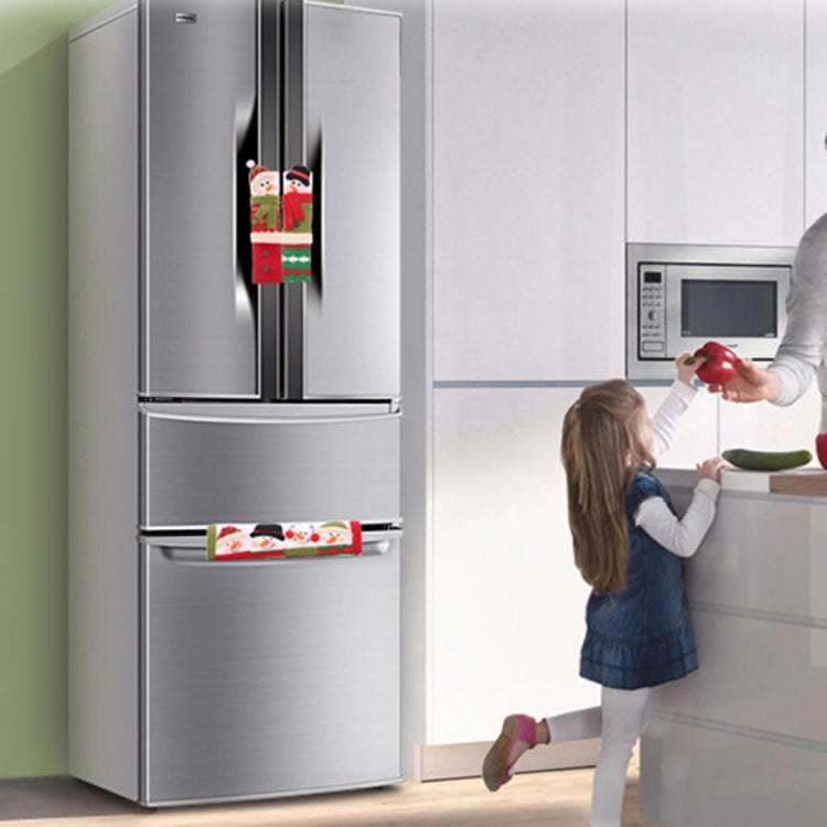 Fridge door handle cover set with Santa and snowman plush-style fabric appliques
