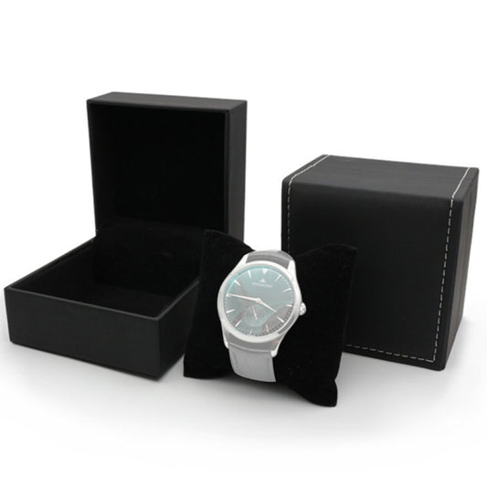 PU wrist watch storage box with black hinged lid and padded inner cradle