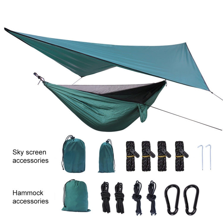 Mosquito net hammock accessories: carry bags, black ropes, rings, and carabiners
