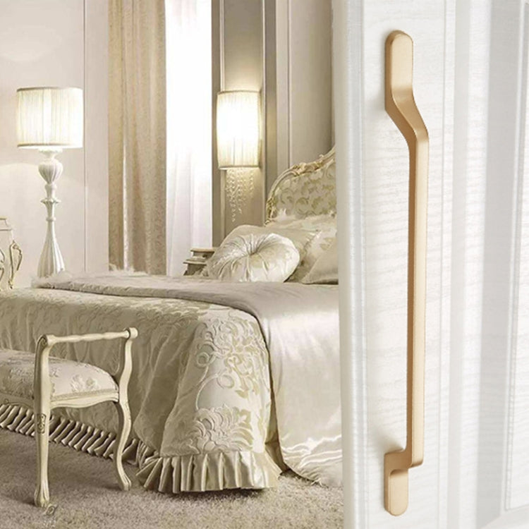 Long gold wardrobe handle with rounded rectangular bar pull and side mounting screws