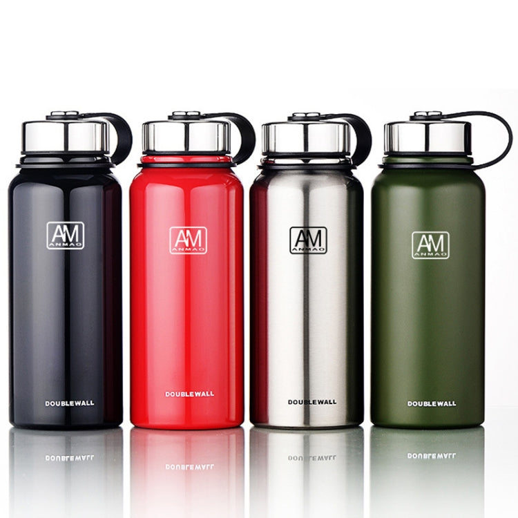 Assorted insulated vacuum bottles in black, red, silver, and green with carry loops