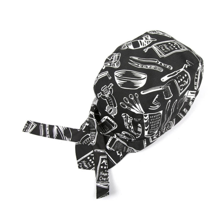 Chef turban cap in black with white kitchen tool pattern and neck tie