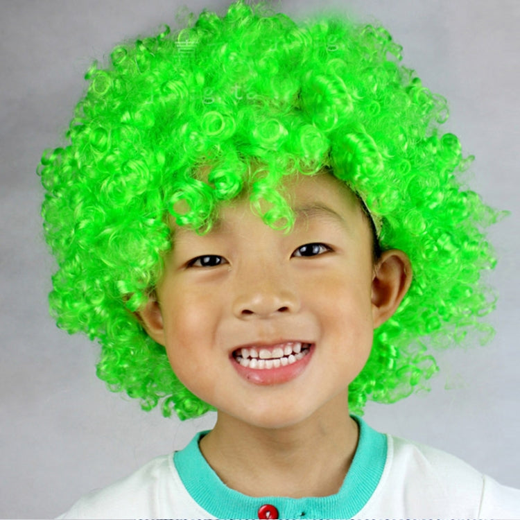 Green curly wig headwear with dense short ringlets, smiling child