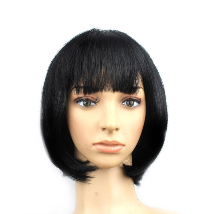 Black short straight wig with blunt bangs and shoulder-length bob