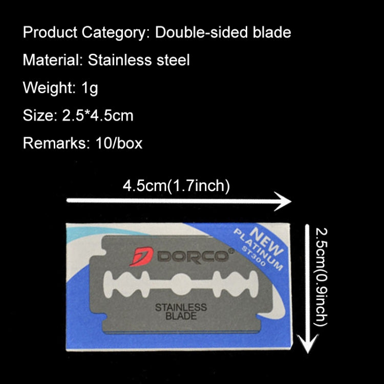 Double-sided stainless steel blade in a product box, shown with size arrows