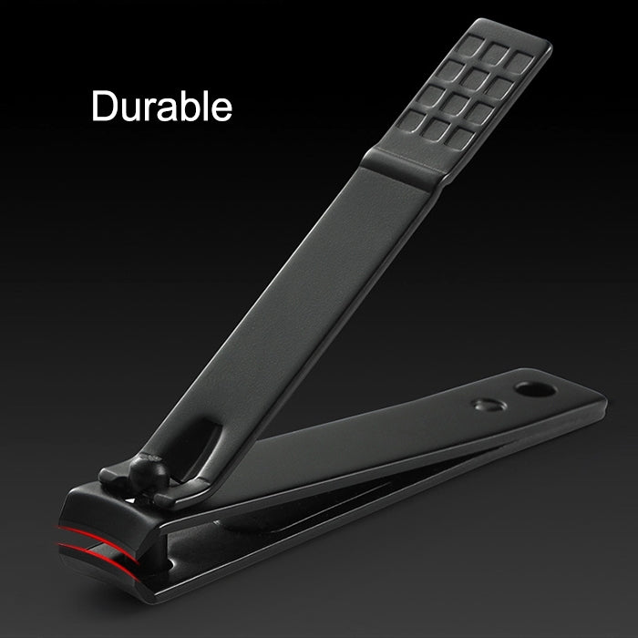 Durable stainless nail clipper with flat base, thumb pad, and red-black grip