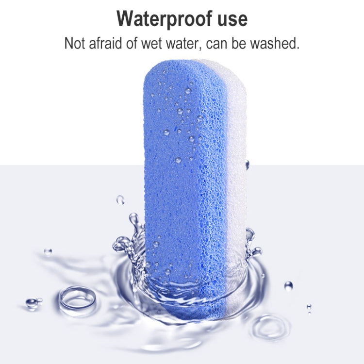 Blue foam glass foot rub sponge with water droplets, textured surface