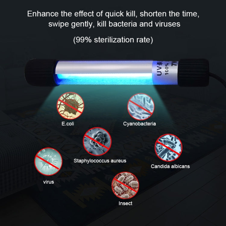 Glowing UV disinfection lamp bar with black grips and silver tube