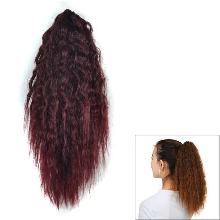 Wine red clip-on curly horsetail wig, full back view