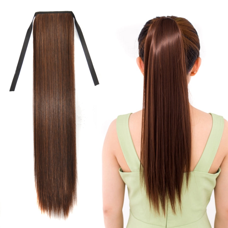 Medium brown long straight ponytail wig hairpiece with black drawstring straps, back view